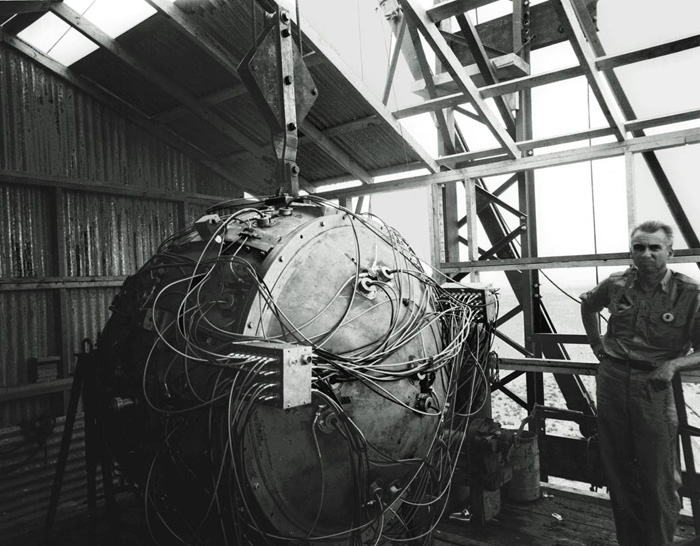Norris Bradbury, future director of LANL, with the Gadget at the top of the test tower